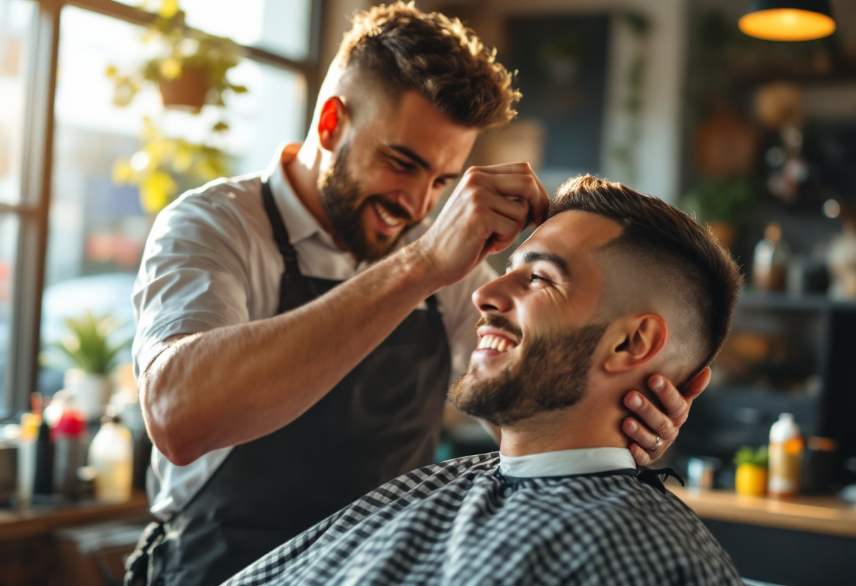 A barber finishing a client's fade in a sunlit shop