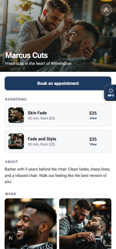 A live Hoovli booking page for a barber, with services and a book button