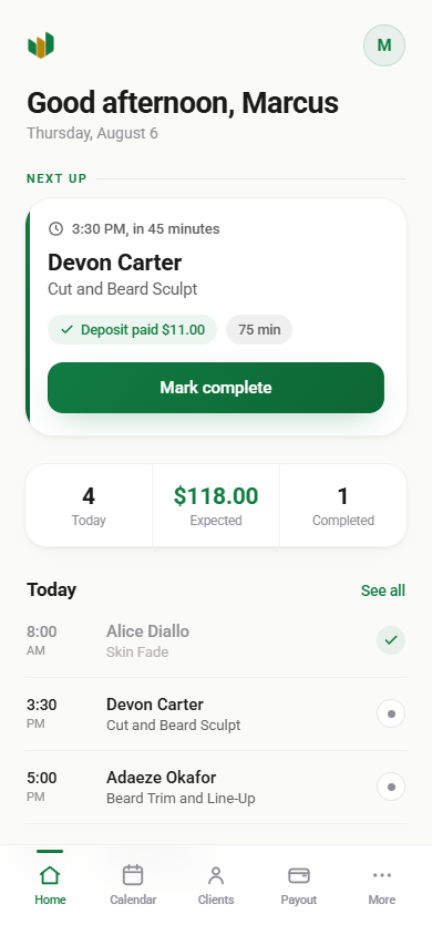Dashboard home: next appointment card with deposit paid, today's stats, and the day's schedule