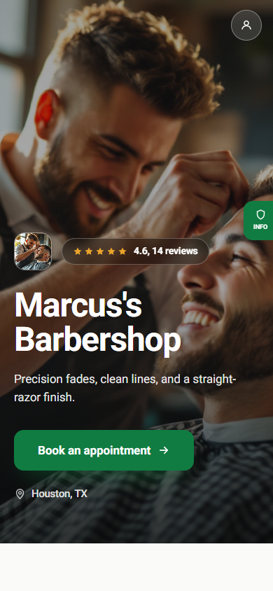 A Hoovli storefront for a barbershop with a hero photo, a star rating, and a Book an appointment button