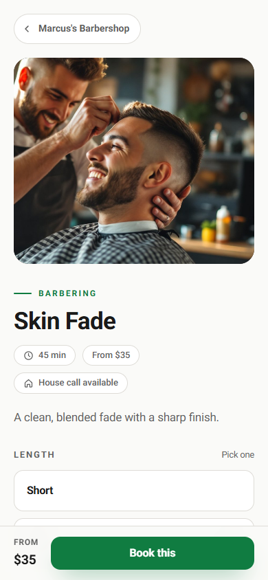 A service page for a Skin Fade with a photo, duration, price, and length options