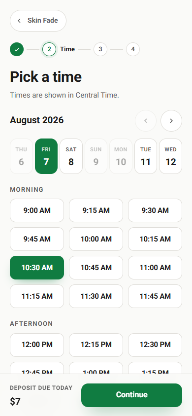 The booking time picker showing open Friday slots across morning and afternoon