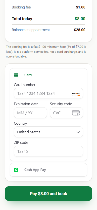 The pay-deposit screen with the deposit breakdown and a card payment form