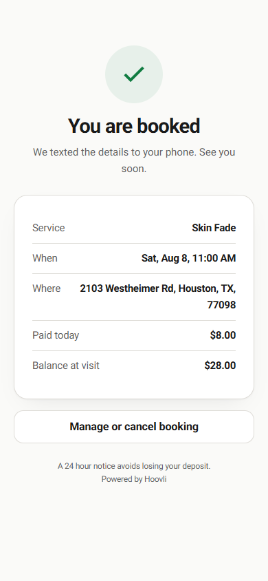 A You are booked confirmation showing the service, time, amount paid, and balance due
