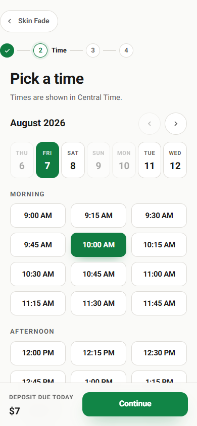 Booking step on a Hoovli page: pick a time, with open Friday slots and a 7 dollar deposit due today