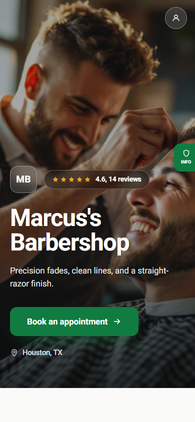 A Hoovli storefront for a barbershop: hero photo, 4.6 star rating, and a Book an appointment button