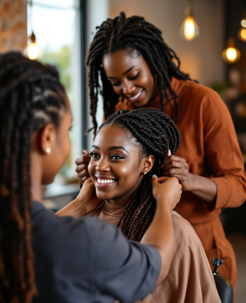 Braider finishing a client's braids